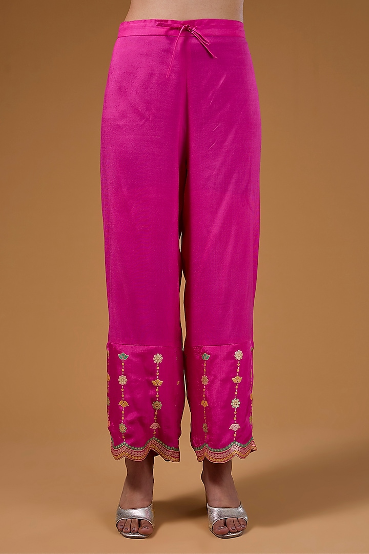 Hot Pink Silk Zari Blend Hand Printed Kurta Set by I AM DESIGN at Pernia's Pop Up Shop