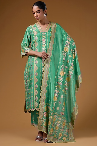 Green Silk Zari Blend Hand Printed Kurta Set by I AM DESIGN