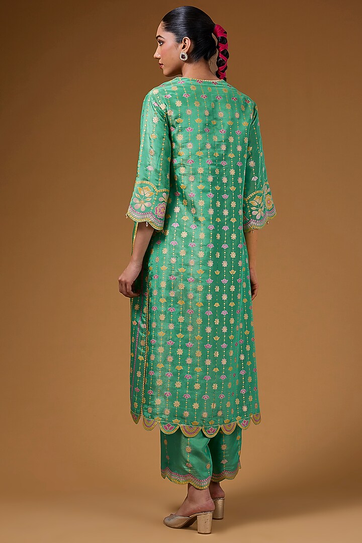 Green Silk Zari Blend Hand Printed Kurta Set by I AM DESIGN at Pernia's Pop Up Shop