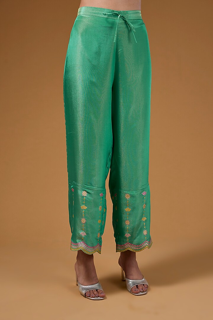 Green Silk Zari Blend Hand Printed Kurta Set by I AM DESIGN at Pernia's Pop Up Shop