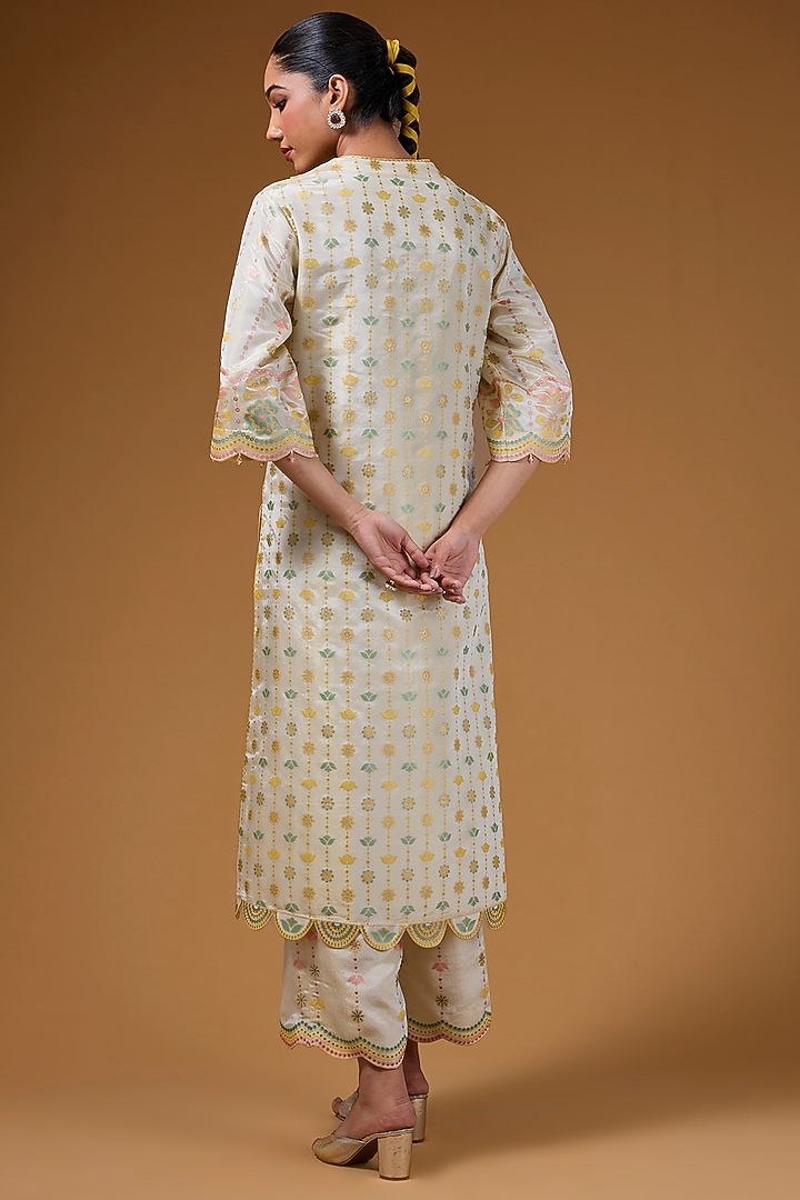 Ivory Silk Zari Blend Hand Printed Kurta Set by I AM DESIGN at Pernia's Pop Up Shop