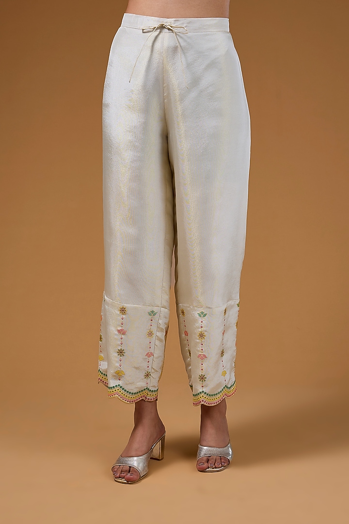 Ivory Silk Zari Blend Hand Printed Kurta Set by I AM DESIGN at Pernia's Pop Up Shop