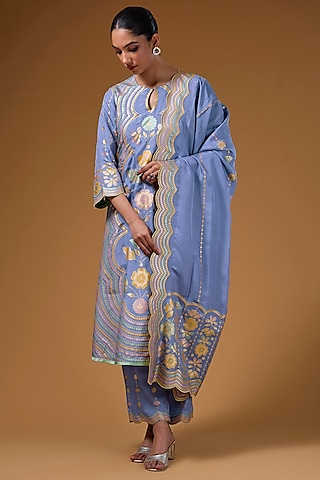 Mauve Silk Zari Blend Hand Printed Kurta Set by I AM DESIGN