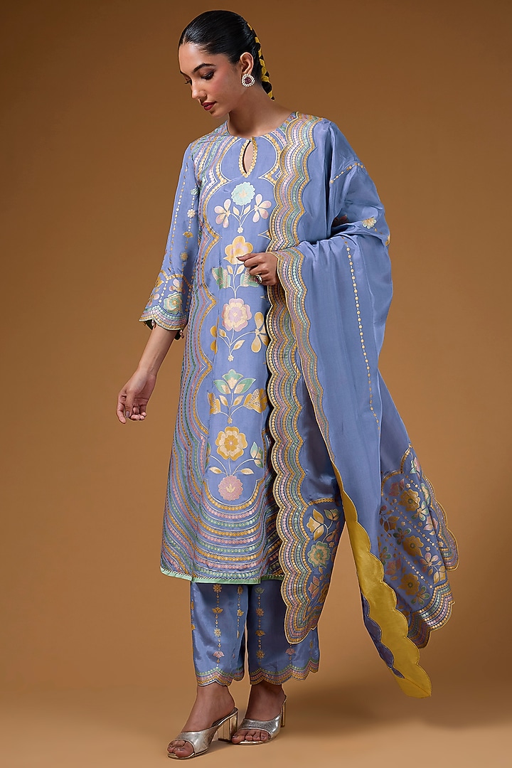 Mauve Silk Zari Blend Hand Printed Kurta Set by I AM DESIGN at Pernia's Pop Up Shop