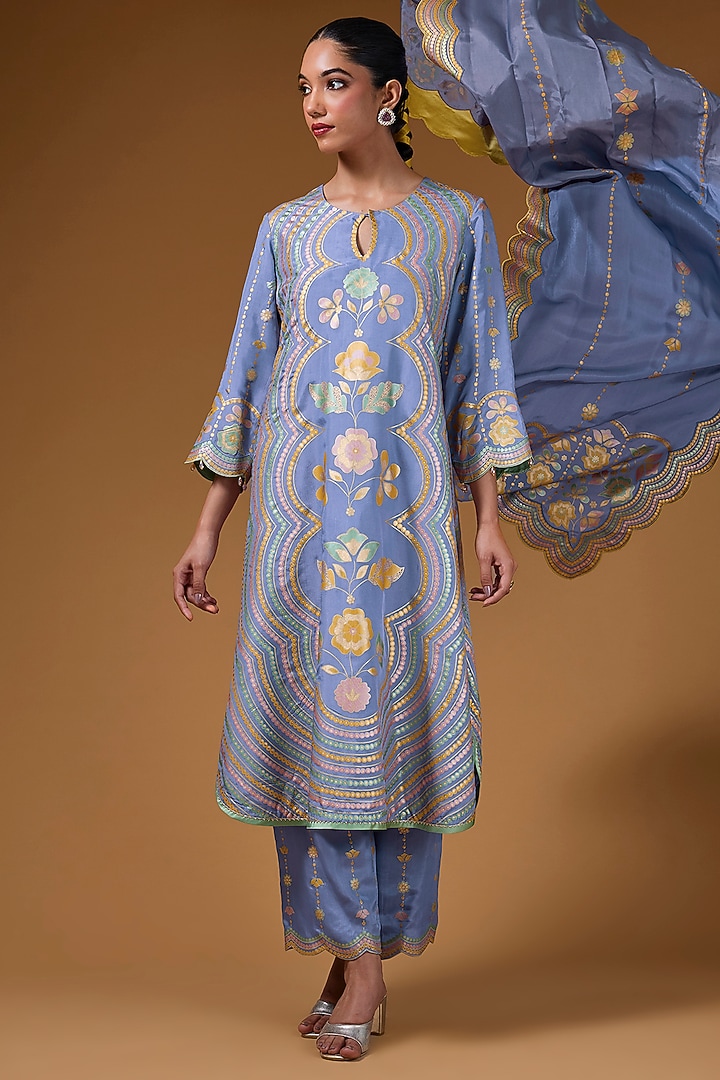Mauve Silk Zari Blend Hand Printed Kurta Set by I AM DESIGN at Pernia's Pop Up Shop