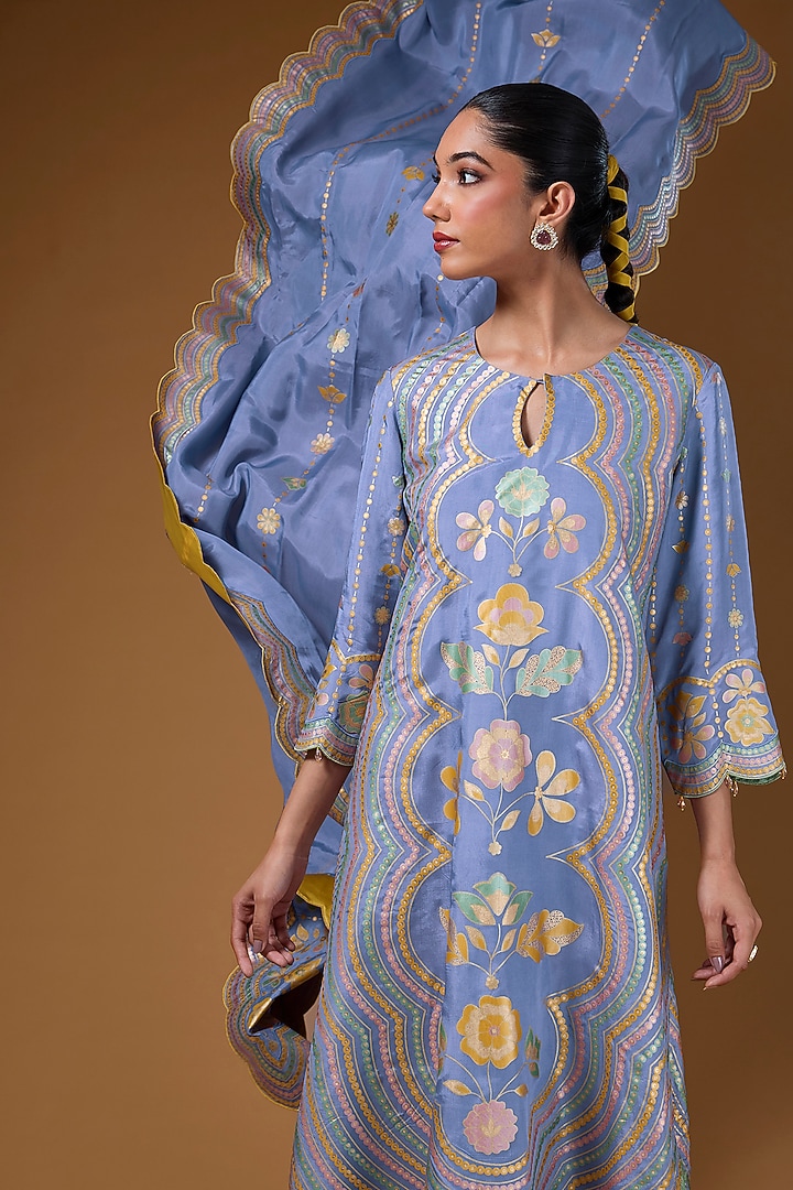 Mauve Silk Zari Blend Hand Printed Kurta Set by I AM DESIGN at Pernia's Pop Up Shop