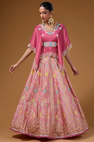Hot Pink Silk Zari Blend Floral Hand Printed Lehenga Set by I AM DESIGN