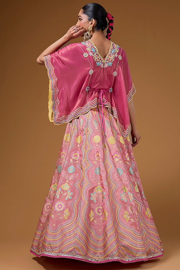 Hot Pink Silk Zari Blend Floral Hand Printed Wedding Lehenga Set by I AM DESIGN at Pernia's Pop Up Shop