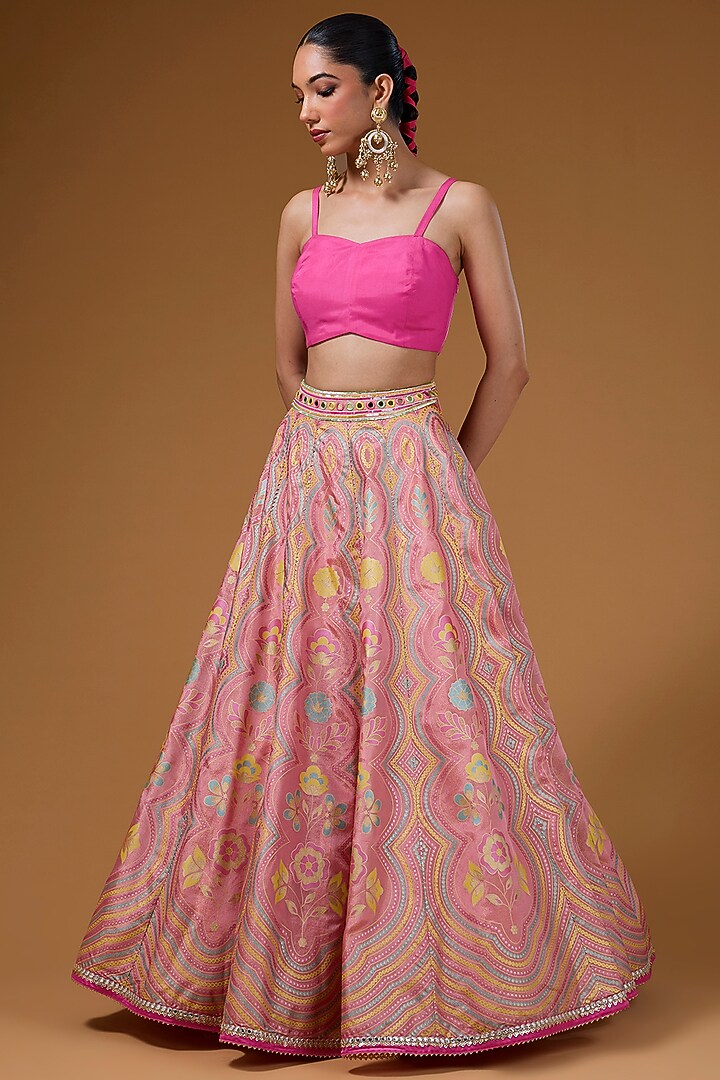 Hot Pink Silk Zari Blend Floral Hand Printed Wedding Lehenga Set by I AM DESIGN at Pernia's Pop Up Shop