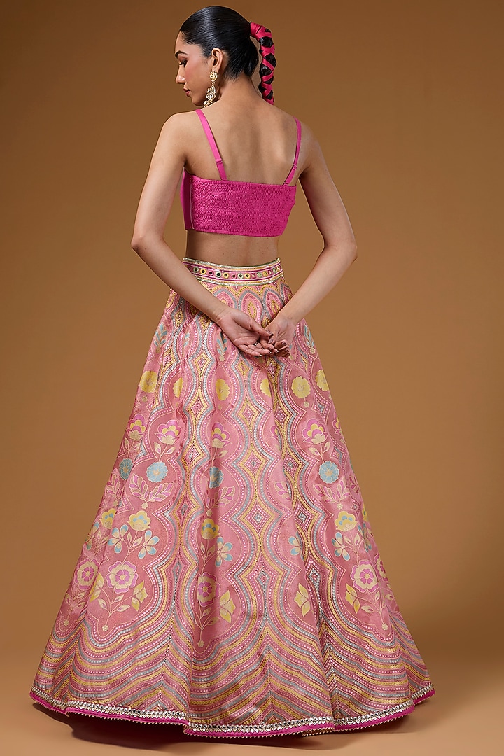 Hot Pink Silk Zari Blend Floral Hand Printed Wedding Lehenga Set by I AM DESIGN at Pernia's Pop Up Shop