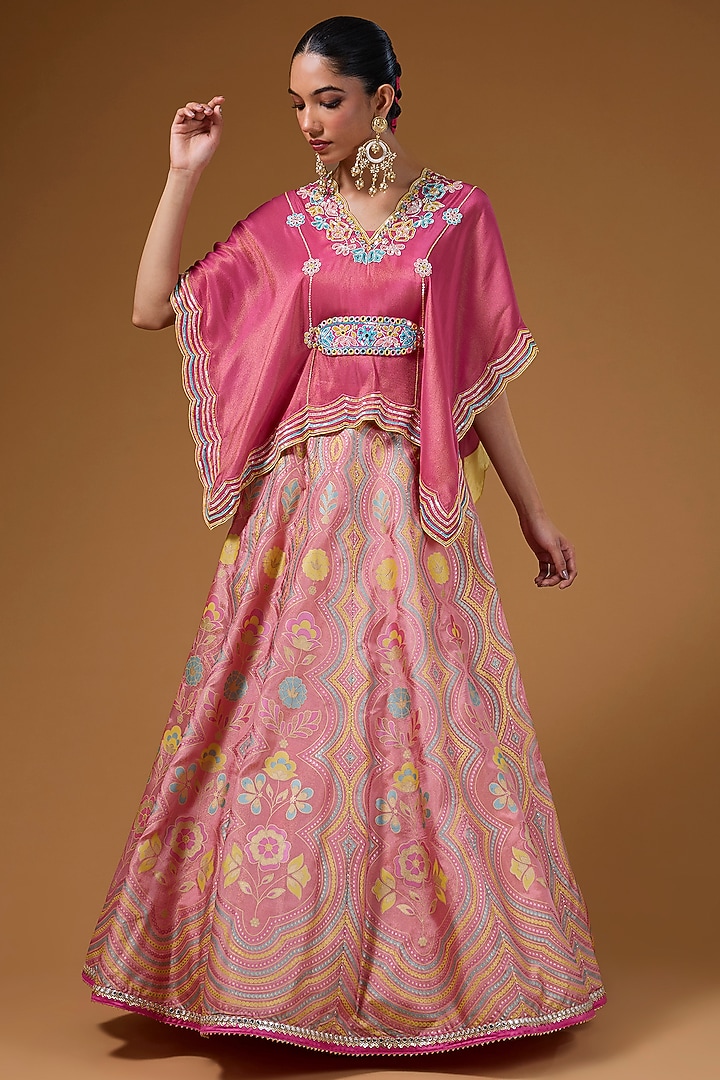 Hot Pink Silk Zari Blend Floral Hand Printed Wedding Lehenga Set by I AM DESIGN at Pernia's Pop Up Shop
