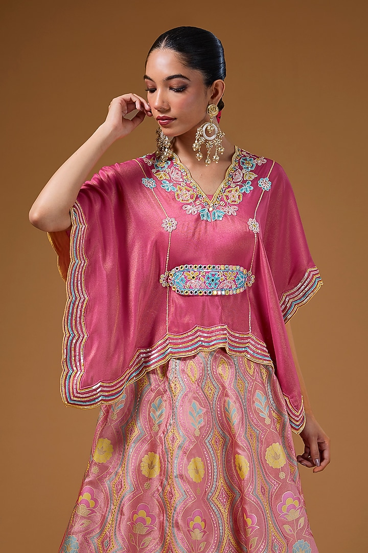 Hot Pink Silk Zari Blend Floral Hand Printed Wedding Lehenga Set by I AM DESIGN at Pernia's Pop Up Shop