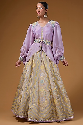 Gold Silk Zari Blend Floral Hand Printed Lehenga Set by I AM DESIGN