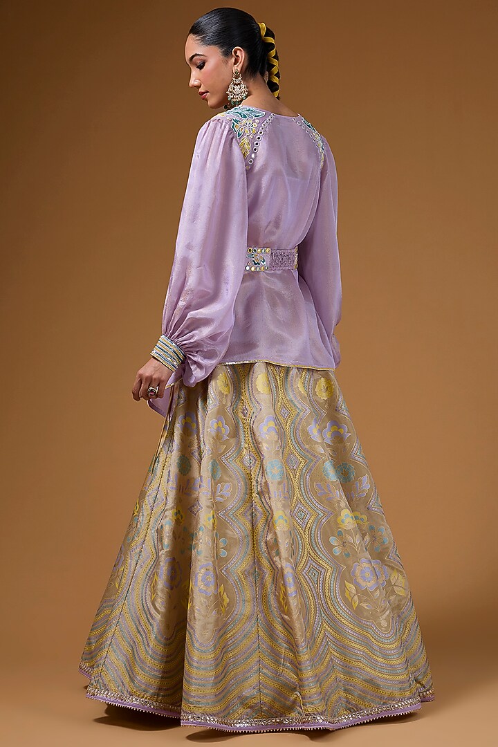 Gold Silk Zari Blend Floral Hand Printed Wedding Lehenga Set by I AM DESIGN at Pernia's Pop Up Shop