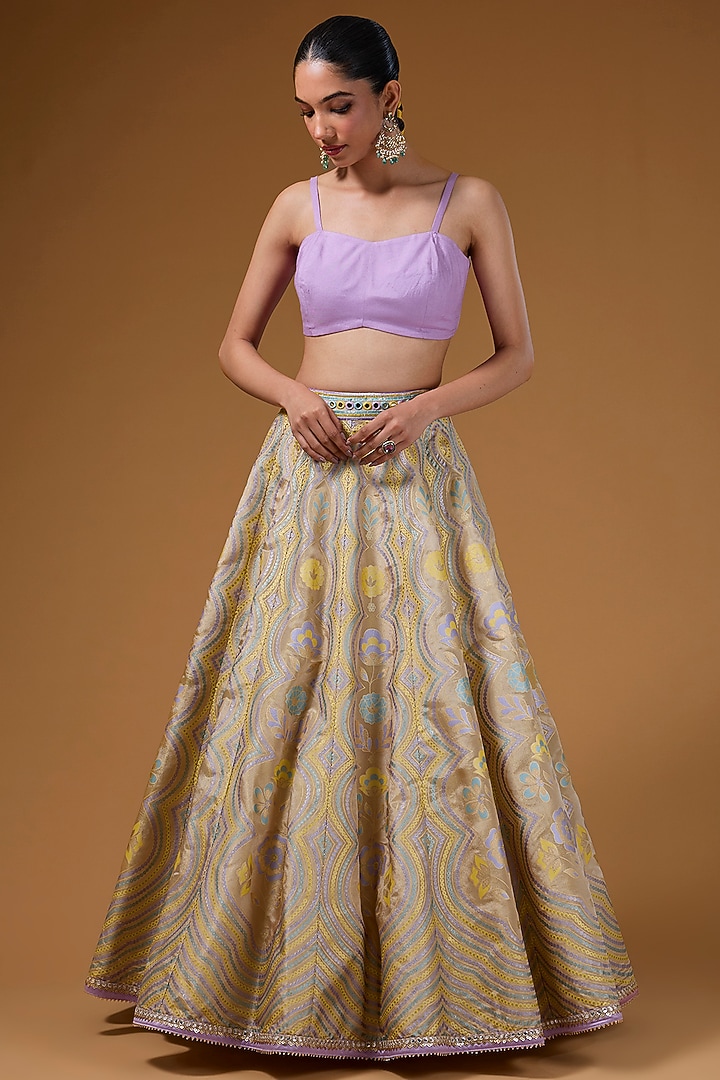 Gold Silk Zari Blend Floral Hand Printed Wedding Lehenga Set by I AM DESIGN at Pernia's Pop Up Shop