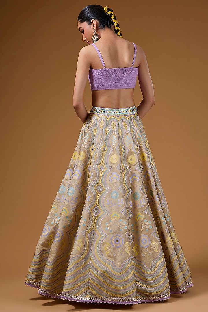 Gold Silk Zari Blend Floral Hand Printed Wedding Lehenga Set by I AM DESIGN at Pernia's Pop Up Shop