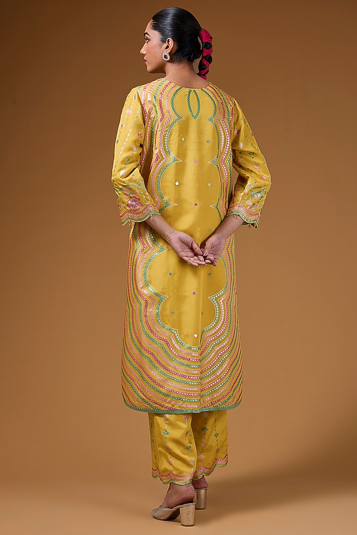 Mustard Silk Zari Blend Hand Printed Kurta Set by I AM DESIGN at Pernia's Pop Up Shop