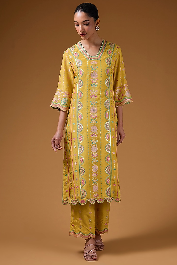 Mustard Silk Zari Blend Hand Printed Kurta Set by I AM DESIGN at Pernia's Pop Up Shop