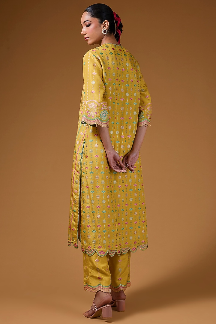 Mustard Silk Zari Blend Hand Printed Kurta Set by I AM DESIGN at Pernia's Pop Up Shop