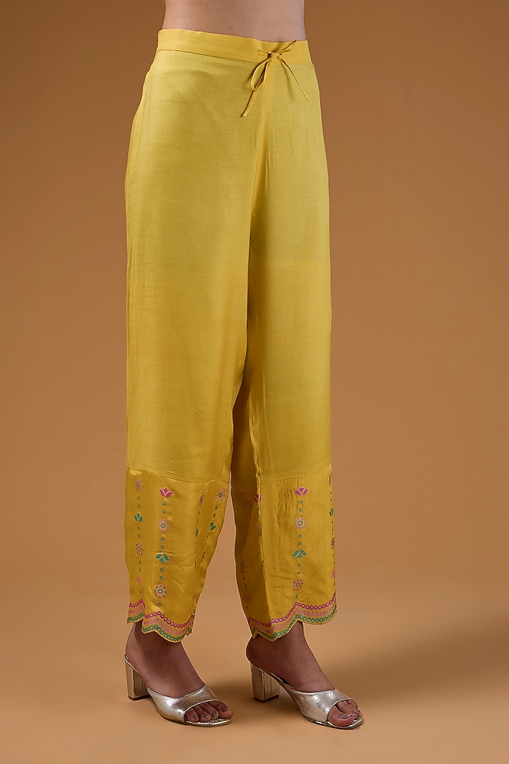 Mustard Silk Zari Blend Hand Printed Kurta Set by I AM DESIGN at Pernia's Pop Up Shop