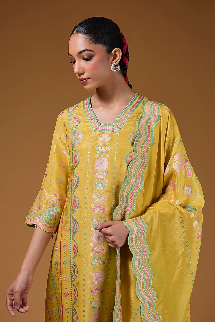 Mustard Silk Zari Blend Hand Printed Kurta Set by I AM DESIGN at Pernia's Pop Up Shop
