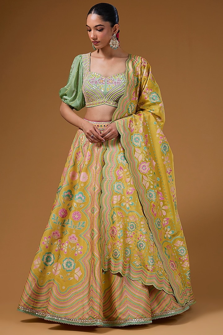 Mustard Silk Zari Blend Floral Hand Printed Wedding Lehenga Set by I AM DESIGN at Pernia's Pop Up Shop