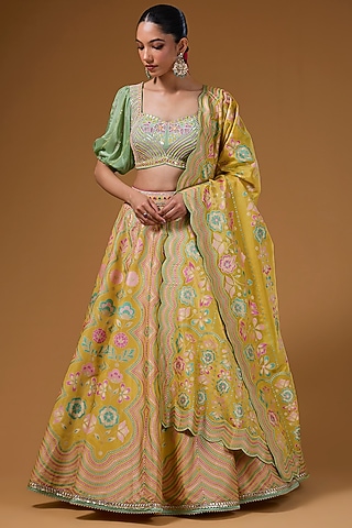 Mustard Silk Zari Blend Floral Hand Printed Lehenga Set by I AM DESIGN