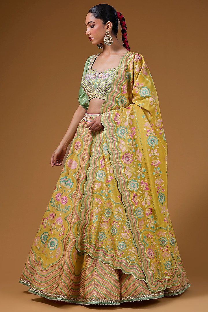 Mustard Silk Zari Blend Floral Hand Printed Wedding Lehenga Set by I AM DESIGN at Pernia's Pop Up Shop
