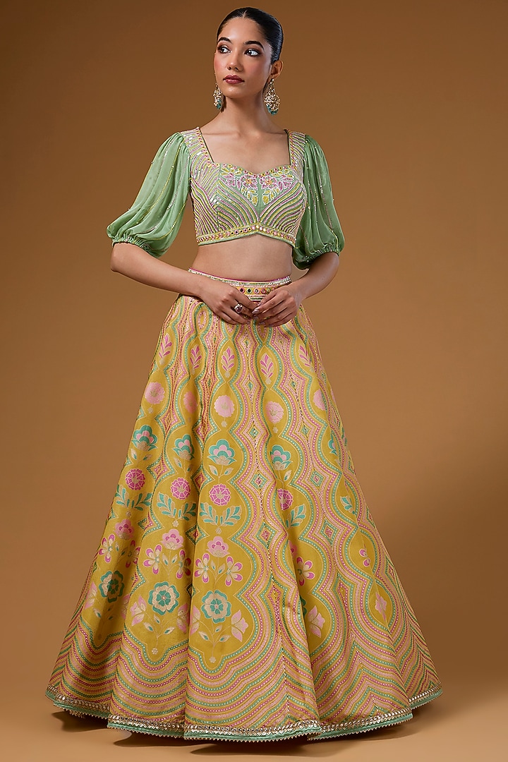 Mustard Silk Zari Blend Floral Hand Printed Wedding Lehenga Set by I AM DESIGN at Pernia's Pop Up Shop