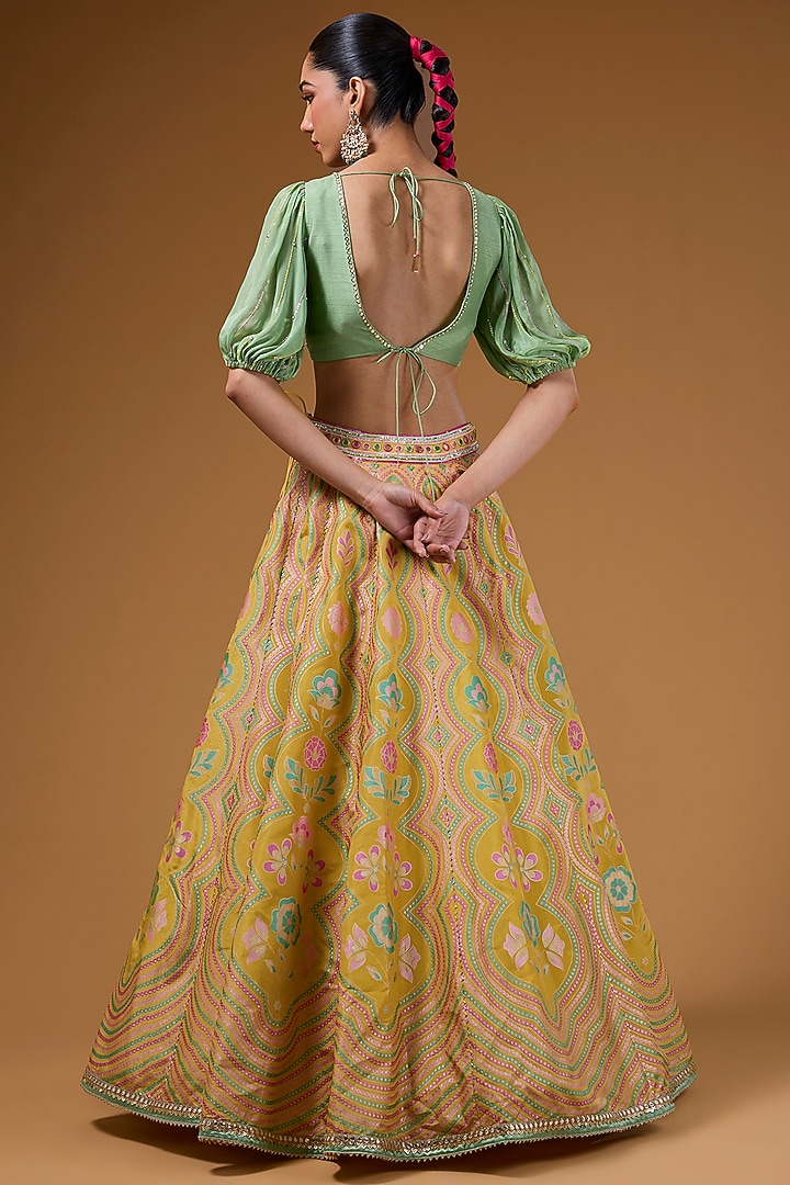 Mustard Silk Zari Blend Floral Hand Printed Wedding Lehenga Set by I AM DESIGN at Pernia's Pop Up Shop