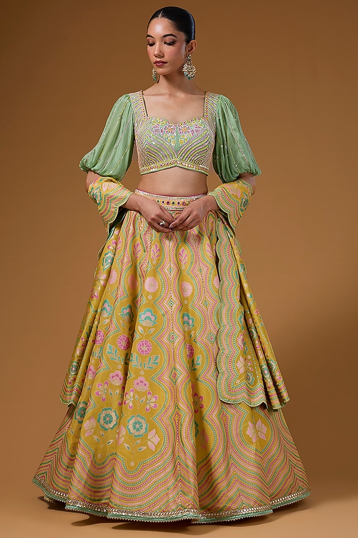 Mustard Silk Zari Blend Floral Hand Printed Wedding Lehenga Set by I AM DESIGN at Pernia's Pop Up Shop