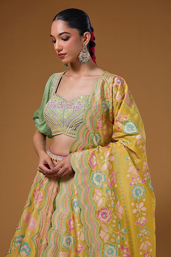 Mustard Silk Zari Blend Floral Hand Printed Wedding Lehenga Set by I AM DESIGN at Pernia's Pop Up Shop