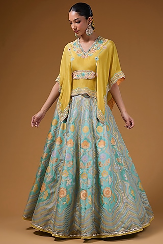 Mint Silk Zari Blend Floral Hand Printed Lehenga Set by I AM DESIGN