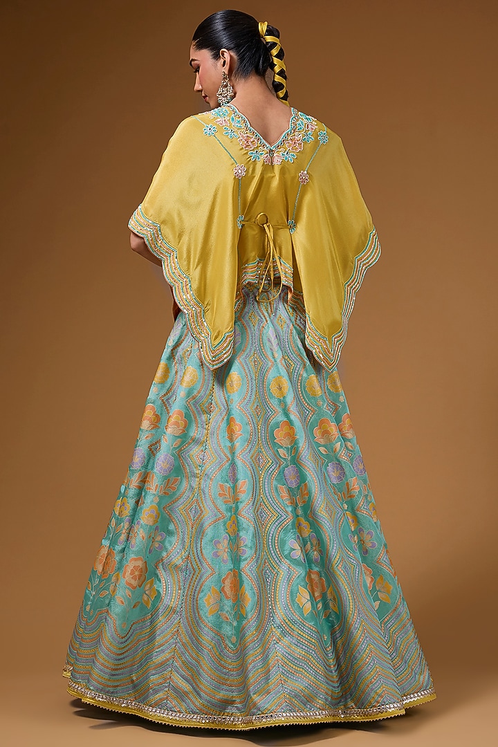 Mint Silk Zari Blend Floral Hand Printed Wedding Lehenga Set by I AM DESIGN at Pernia's Pop Up Shop