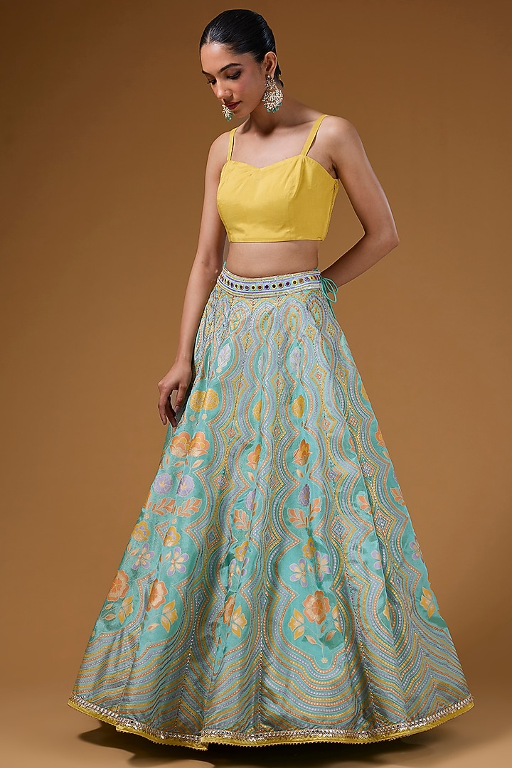 Mint Silk Zari Blend Floral Hand Printed Wedding Lehenga Set by I AM DESIGN at Pernia's Pop Up Shop