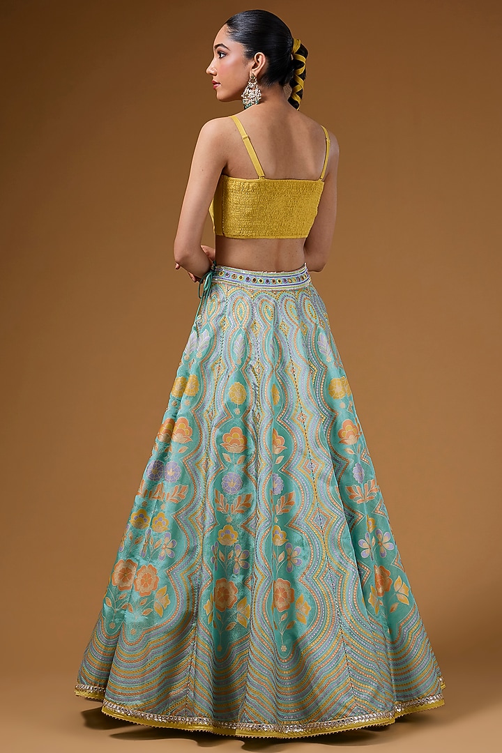 Mint Silk Zari Blend Floral Hand Printed Wedding Lehenga Set by I AM DESIGN at Pernia's Pop Up Shop