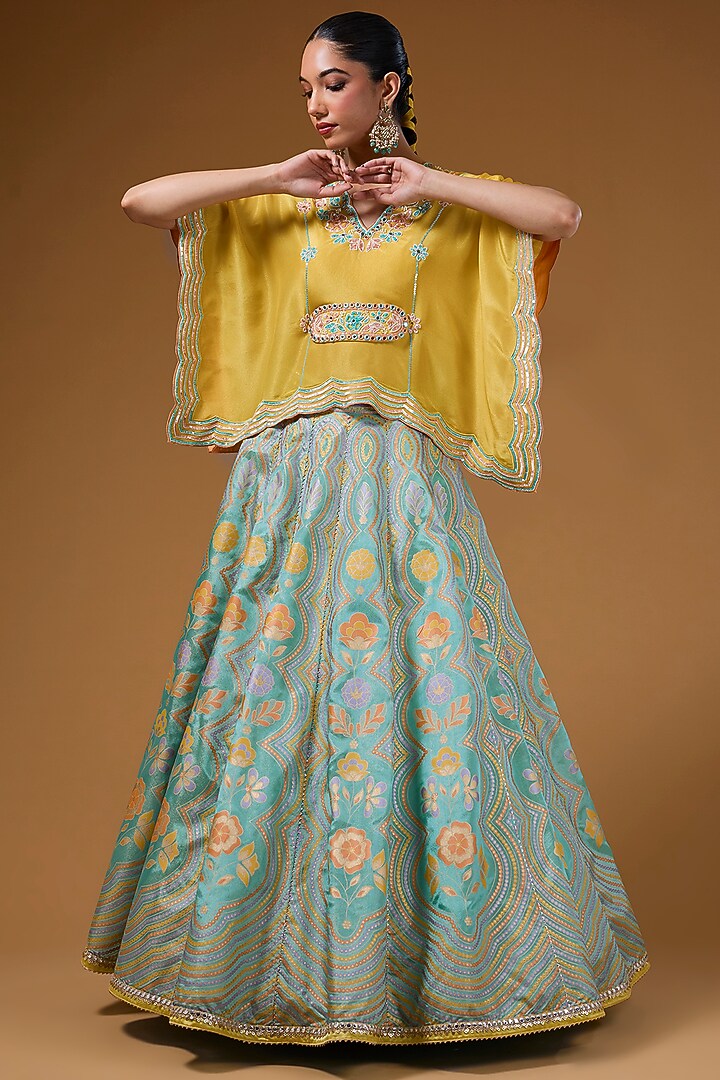 Mint Silk Zari Blend Floral Hand Printed Wedding Lehenga Set by I AM DESIGN at Pernia's Pop Up Shop