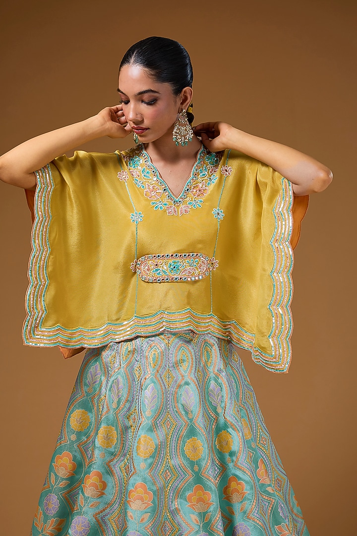 Mint Silk Zari Blend Floral Hand Printed Wedding Lehenga Set by I AM DESIGN at Pernia's Pop Up Shop