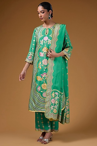 Green Silk Zari Blend Hand Printed Kurta Set by I AM DESIGN