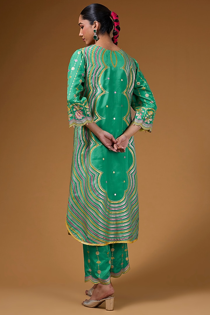 Green Silk Zari Blend Hand Printed Kurta Set by I AM DESIGN at Pernia's Pop Up Shop