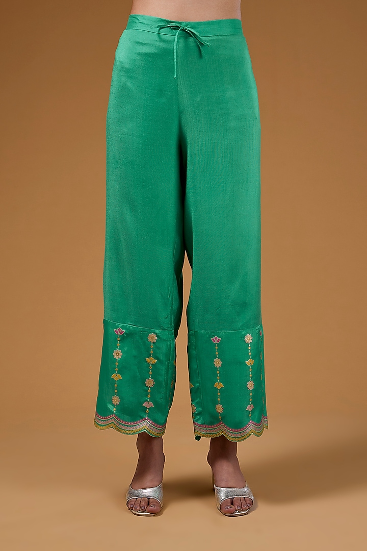 Green Silk Zari Blend Hand Printed Kurta Set by I AM DESIGN at Pernia's Pop Up Shop