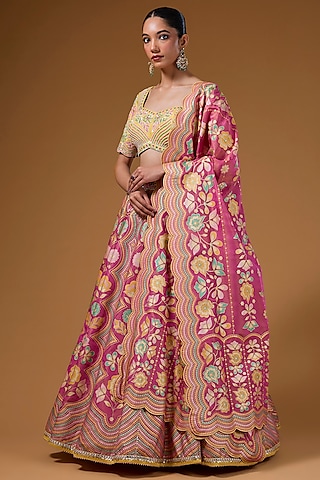 Hot Pink Silk Zari Blend Floral Hand Printed Lehenga Set by I AM DESIGN