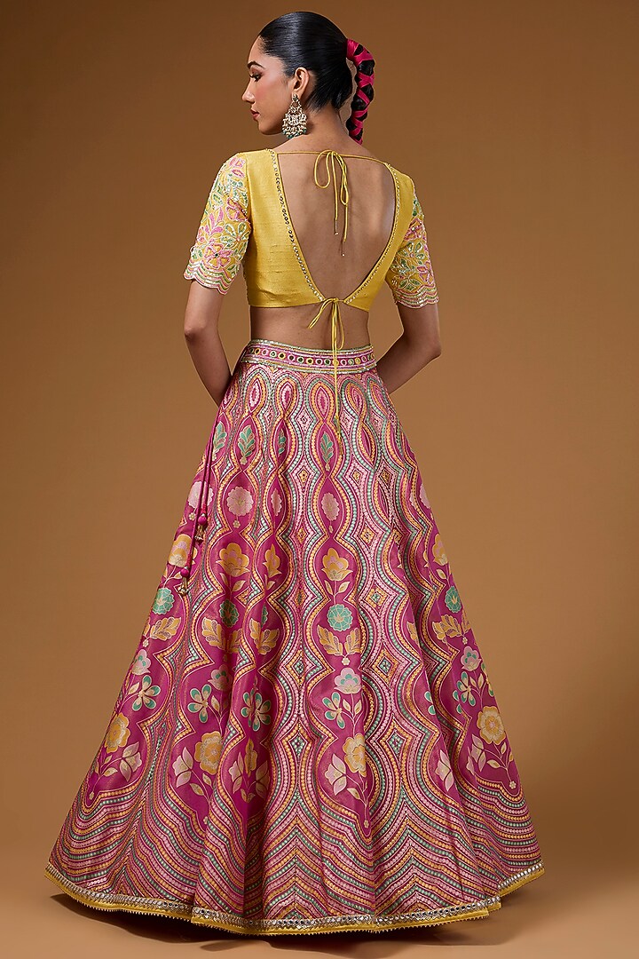 Hot Pink Silk Zari Blend Floral Hand Printed Wedding Lehenga Set by I AM DESIGN at Pernia's Pop Up Shop