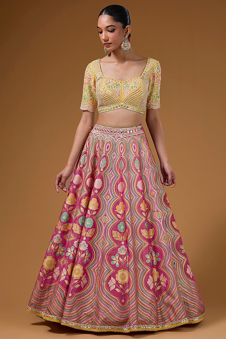 Hot Pink Silk Zari Blend Floral Hand Printed Wedding Lehenga Set by I AM DESIGN at Pernia's Pop Up Shop