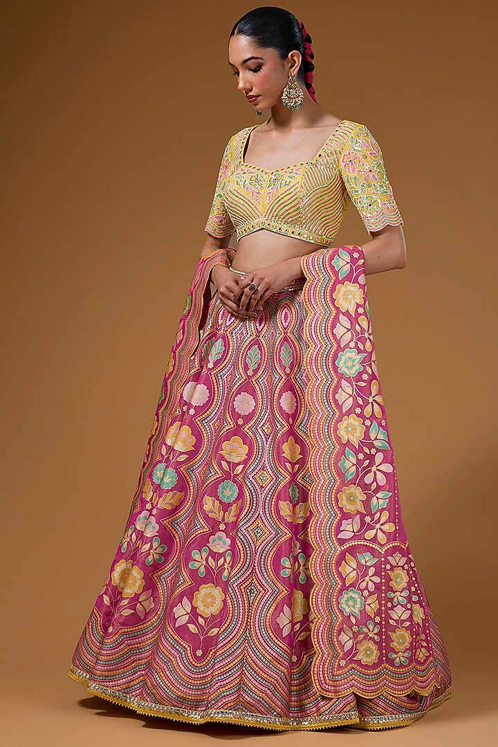 Hot Pink Silk Zari Blend Floral Hand Printed Wedding Lehenga Set by I AM DESIGN at Pernia's Pop Up Shop