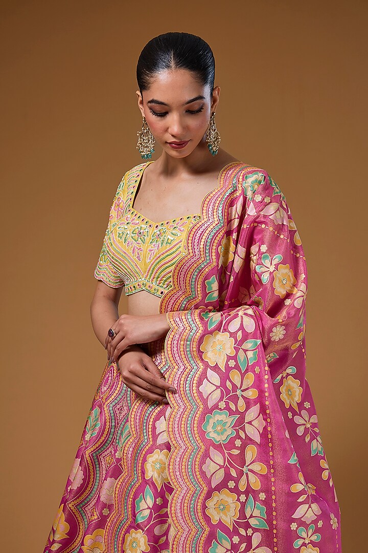 Hot Pink Silk Zari Blend Floral Hand Printed Wedding Lehenga Set by I AM DESIGN at Pernia's Pop Up Shop