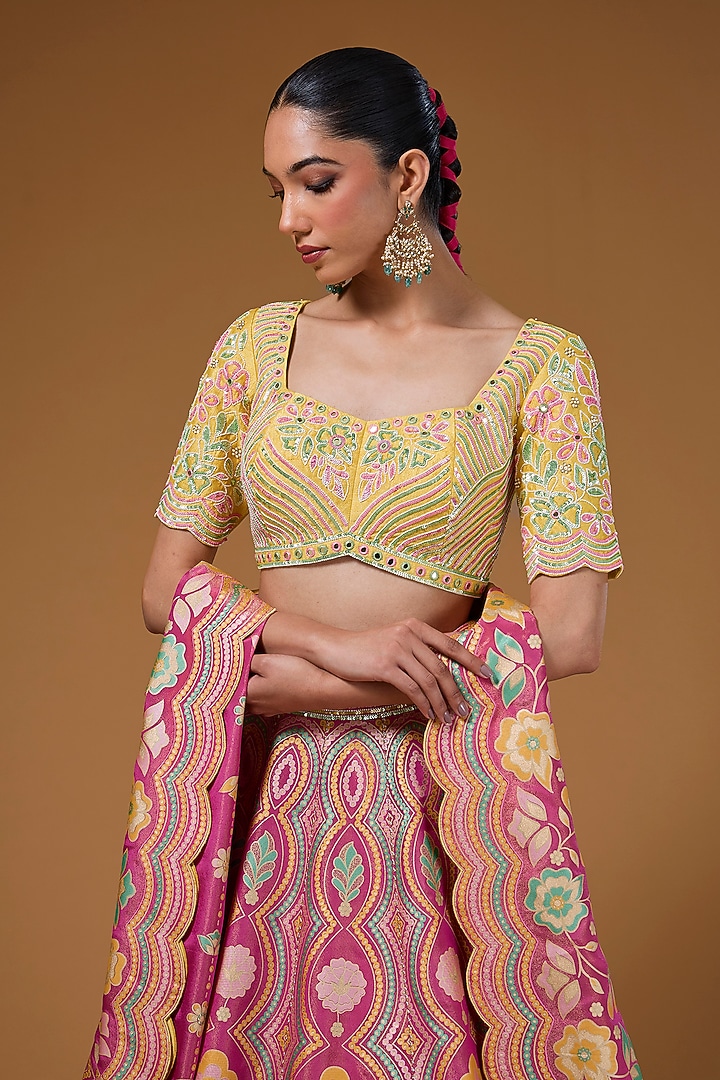 Hot Pink Silk Zari Blend Floral Hand Printed Wedding Lehenga Set by I AM DESIGN at Pernia's Pop Up Shop