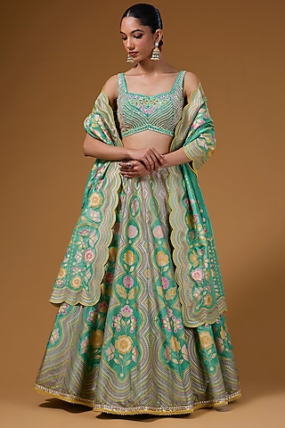 Green Silk Zari Blend Floral Hand Printed Lehenga Set by I Am Design