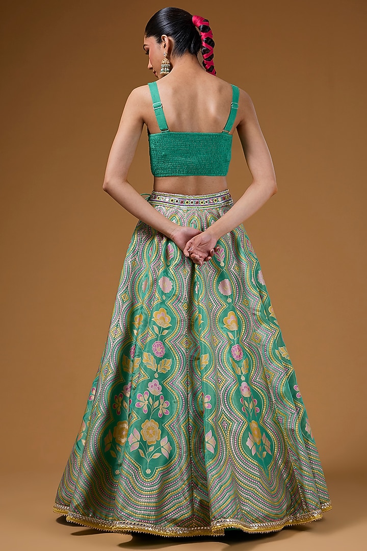 Green Silk Zari Blend Floral Hand Printed Wedding Lehenga Set by I Am Design at Pernia's Pop Up Shop