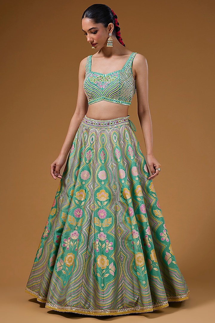 Green Silk Zari Blend Floral Hand Printed Wedding Lehenga Set by I Am Design at Pernia's Pop Up Shop